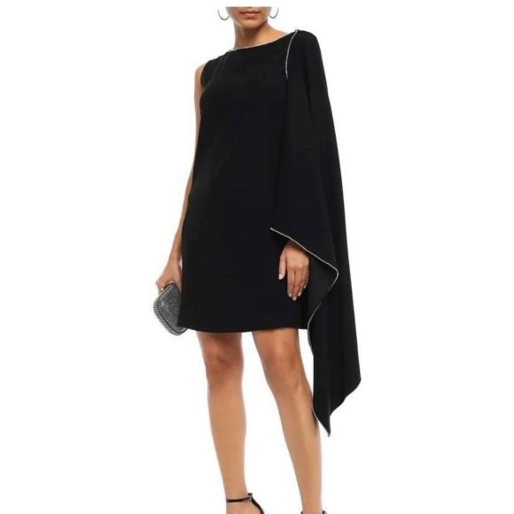 McQ by Alexander McQueen Black Crepe Rhinestone Cape Effect Midi Dress